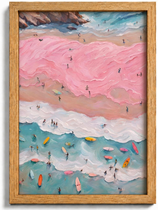 Framed Pink Coastal Canvas Wall Art,Girl Beach Surfers Picture Wall Decor