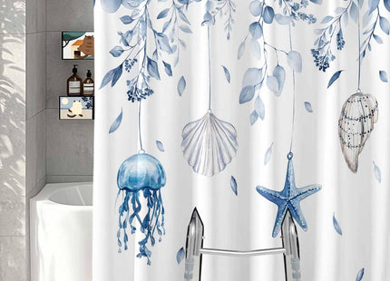 Split Shower Curtain for Transfer Bench, Blue Coastal Waterproof Fabric Shower Curtain, Spring Eucalyptus Leaf Beach Starfish Tub Sliding Transfer Bench Shower Curtains for Bathroom 72'' x 72''