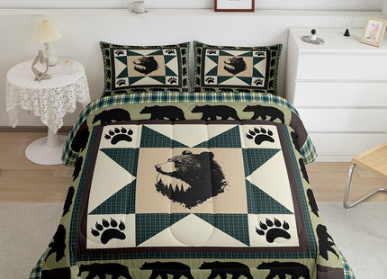 Erosebridal Black Bear Comforter Set Western Bedding Set Twin Patchwork Geometric Triangle Lattice Quilt Woodland Wildlife Bear Paw Print Duvet Insert,Green Checkered Buffalo Plaid Decor