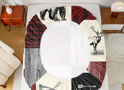 Rustic Lodge Bear Moose Deer Sheet Set Full,Patchwork Red Black Buffalo Check Plaid Bed Sheets Set Farmhouse Hunting Woodland Animal Bedding,Camping Cabin Fitted Sheet + Flat Sheet + 2 Pillow Cases