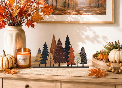 Smile Fall Thanksgiving Wooden Standing Decor, Autumn Forest Maple Pine Tree Tiered Tray Signs with Stands for Rustic Farmhouse Home Kitchen Shelf Decor
