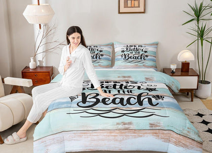 Summer Beach Comforter Set Twin Size,Starfish Shell Hawaiian View Bedding Set 2pcs for Kids Boys Girls Adults,Old Wooden Plank Rustic Farmhouse Down Comforter,Teal Retro Duvet Insert,1 Pillowcase