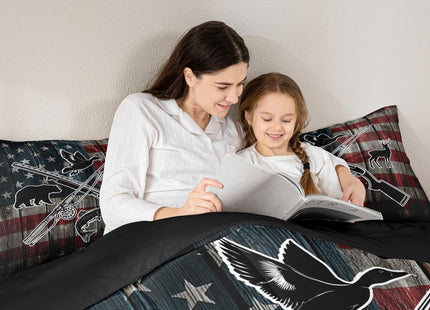 Homewish Retro American Flag Comforter Set Twin Size,Hunting and Fishing Bedding Set,Duck Deer Bear Bass Fish Wild Animals Theme Quilt Set for Kids Boys Men Teens Room Decor,Rustic Duvet Insert 2Pcs