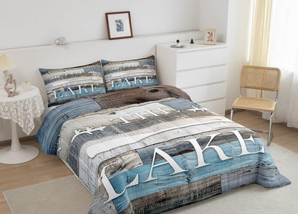 Homewish Rustic Farmhouse Comforter Set Lake Cabin Bedding Set King Size Blue Grey Retro Wooden Quilt Set 3pcs for Teens Boys Women Men Home Decor,Lake Life White Cabin Bedspread,2 Pillowcases