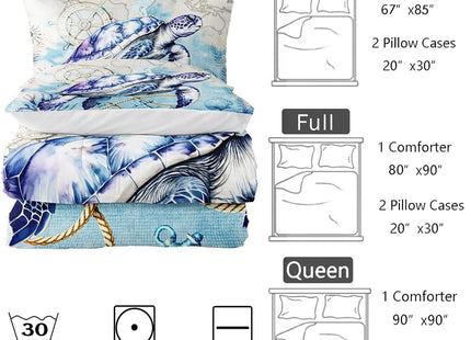 Nttopship Sea Turtle Comforter Bedding Set with 2 Pillowcase Full Size Ocean Comforter Set for Kids Boys Girls Bedroom Decor