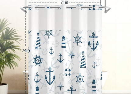 TQUQOBU No Hook Shower Curtain with Snap in Liner, Nautical Double Layers Waterproof Polyester Fabric Shower Curtain, Coastal Lighthouse Anchor Shower Curtains for Bathroom Decor, 71x74 Inch