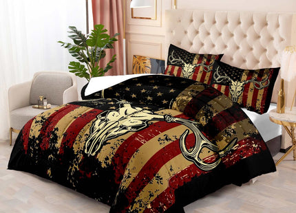 LUVIVIHOME 3PCS Deer Skull Comforter Set King Size, Patriotic American Flag Comforter, 4th of July Independence Day Hunter Elk Moose Wildlife Cabin Country Rustic Hunting Bedding Quilt, 2 Pillow Shams