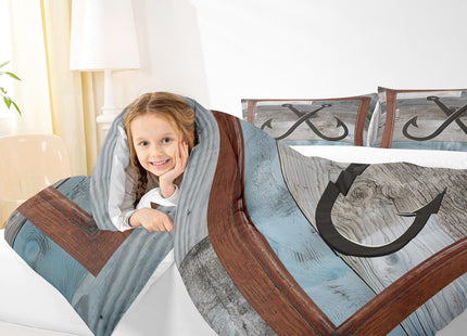 Fish Hook Anchor Kids Comforter Set Queen Size,Lake House Cabin Nautical Bedding Set,Girls Boys Adults Room Decor,Wooden Board Stripes Down Comforter,Rustic Farmhouse Duvet Insert,2 Pillowcases