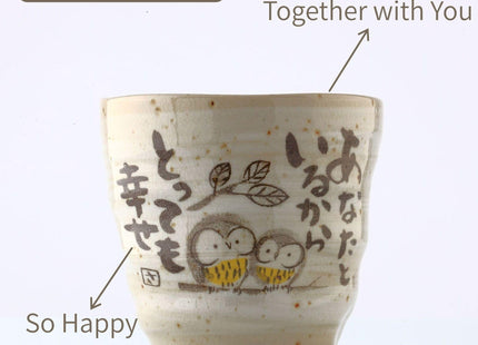 Japanese Tea Cups Handleless Coffee Mugs Owl Design 6.4 oz Set of 2