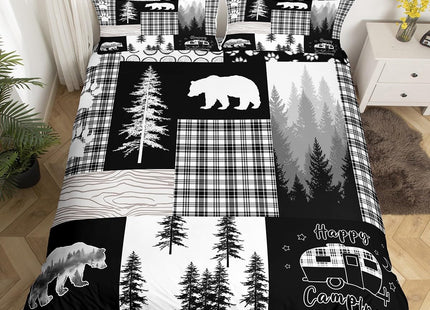 Woodland Bedding Set Hunting Bear Patchwork Buffalo Plaid Duvet Cover King Size,Rustic Cabin Barn Door Comforter Cover Boys Girls Camper Decor,Wildlife Paw Print Pine Trees Bed Sets Gray Black