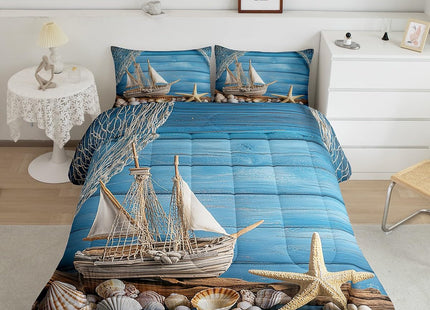 Erosebridal Coastal Comforter Sets Ocean Bedding King for Girls Boys Kids Teens, Starfish Conch Bedding Comforters & Sets Sailboat Duvet Set, Nautical Theme Quilt Set Blue Retro Farmhouse Decorations