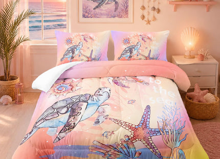 Nttopship Sea Turtles Comforter Set - Full Size Bedding for Kids, Starfish & Aquatic Plants Pattern, All Season Comforter & 2 Pillowcases