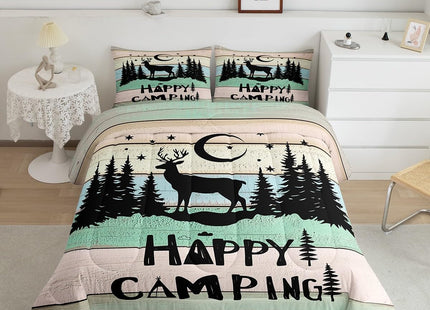 Kids Happy Camping Comforter Set Twin,Cute Deer Camper Bedding Set Rustic Farmhouse Woodland Animal Comforter For Boys Girls Old Barn Door Quilted Duvet Star Moon Pine Tree Decor 2 Pcs Black Green