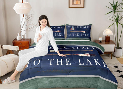 Kids Lake House Comforter Set Twin, Retro Paddle Wooden Bedding Sets For Kids Boys Teens Adult,Rustic Farmhouse Duvet Sets Old Barn Lake Paddle Decor Bedding Comforters Gift For Lake Lover,Dark Blue