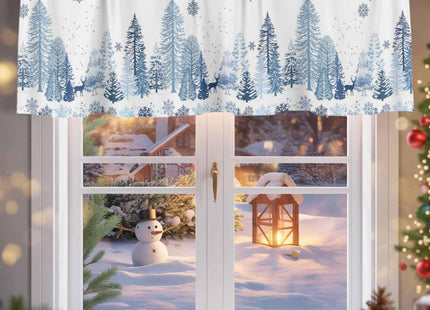 Christmas Curtain Valance for Windows Blue Snowflake Winter White Rod Pocket Valance Window Treatments Reindeer Elk Forest Short Curtains for Kitchen Windows Bathroom Bedroom 42x12in