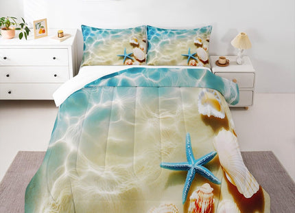 Ocean Comforter Set Twin Beach Bedding Set Coastal Nature Theme Teal Duvet Set Boys Girls Hawaiian Quilt Sets Sea Wave Animals Shell Starfish Reversible Comforter Set 1 Pillowcase, Blue Room Decor