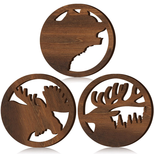 Beeveer 3 Pcs Bear Deer Moose Trivets Wooden Rustic Lodge, 7.9 Inch