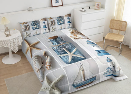 Erosebridal Nautical Comforter Set, Beach Theme Duvet Sets Twin Size, Marine Sail Boat Bedding Set for Kids Boys Girls Teens, Lighthouse Pearl Quilted Duvet for Living Room Decor