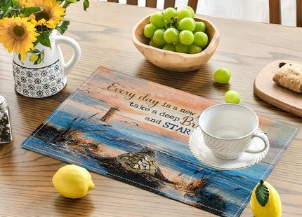 Sea Turtle Beach Summer Placemats Set of 4 Coastal Lighthouse Nautical Inspirational Quotes Double-Sided Table Mats for Dining Room Home Party Indoor 4 PCS 12x18 Inch