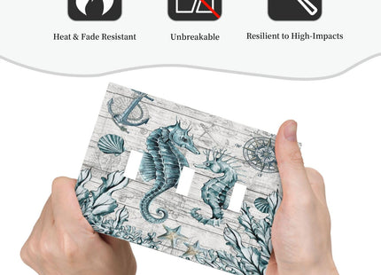 Seahorse Kelp Compass Anchor on Wooden Board 3 Gang Light Switch Covers Decorative Triple Toggle Wall Plate Electrical Faceplate Switchplate for Country Bathroom Bedroom Home Decor