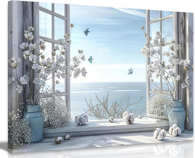 DAXINGJ Blue Coastal Butterfly Window Wall Art, Farmhouse Beach Framed
