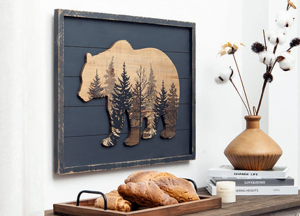 NIKKY HOME Cute Bear in The Forest Decorative Wood Framed Wall Art Prints Cabin Decor, 21" x 16", Gray
