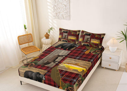 Bear Deer Moose Sheet Set Full Black Red Buffalo Plaid Fishing And Hunting Bed Sheets Wild Animal Lake House Bedding Set Rustic Farmhosue Fitted Sheet Country Cabin Lodge Flat Sheet + 2 Pillow Cases
