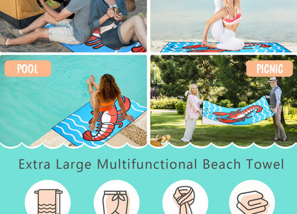 XSMEI Lobster Beach Towel Oversized 36" x 72", Sea Wave Animal Print, Sand Free Quick Dry Towels for Swimming Camping Sports Travel, Thin Lightweight and Compact, Blue