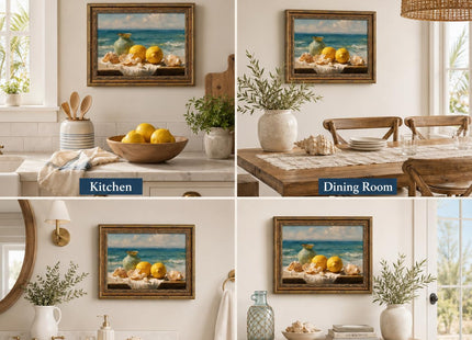 Vintage Gold Framed Lemon Seashell Coastal Canvas Wall Art 12x16 In