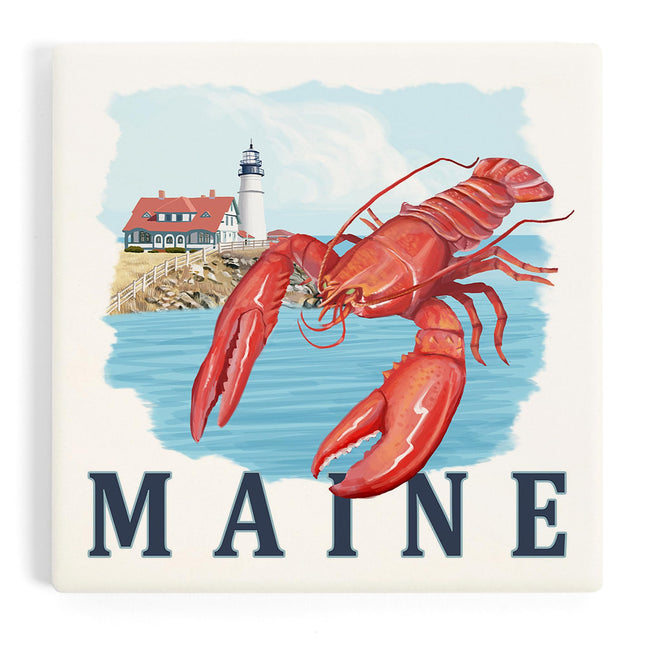 Lantern Press Maine, Lobster and Portland Lighthouse (Absorbent Ceramic Coaster, Single, Cork Back, Kitchen Table Decor)