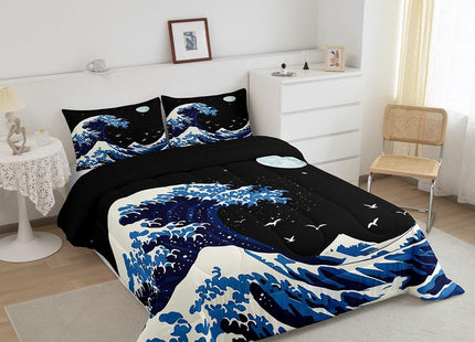 Feelyou Japanese Wave Comforter Set Full Size Japanese Style Comforter for Boys Girls Teens Ocean Wave Bedding Set Sea Waves Duvet Set Room Decor Blue Black Quilt Set