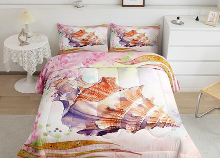 Coastal Beach Bedding Set - King Size, Girls Cherry Blossoms Floral Comforter, Kids 3D Seashell Ocean Theme Bedding, Marine Life Room Decor, Japanese Style Quilted Set, Pink