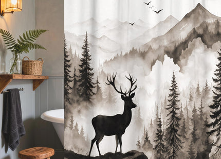 VeiVian Extra Long Brown Misty Forest Deer Shower Curtain, Nature Mountain Landscape Modern Bathroom Decor, XL Animal Shower Curtain Set Rustic Cabin Style with Hooks, 72x84