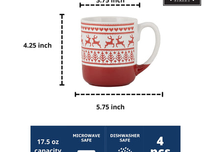 10 Strawberry Street Embossed Reindeer Ceramic Mug, Set of 4 (Red), S4MUG-XMAS