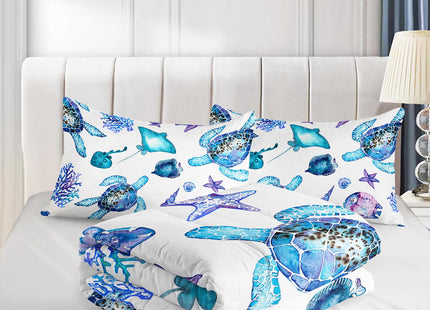 XYNHML Blue Sea Turtle Comforter 3Pcs Ocean Bedding Set Full Coral Starfish Shell Fish Bedding Set for Kid Teen Girl Boy Adult Bed Decor Conch Manta Ray Quilt with 1 Comforter and 2 Pillowcases