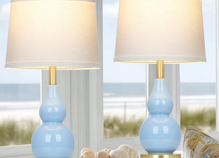 25" Modern Ceramic Table Lamps Set of 2, Blue Double Gourd Ceramic Lamps for Living Room, Coastal Farmhouse Rustic Bedside Nightstand Nautical Lamps for Bedrooms Home Office Dorm(2 LED Bulbs Included)