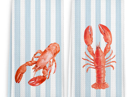 cvjutf Coastal Red Lobster Crawfish Kitchen Towels Set of 2, Beach Preppy Decor Dish Towel, East Coast Beachy Blue Striped Decor Hand Tea Towels for Bathroom Kitchen, Maine Lobster Gifts, 16x24 Inch