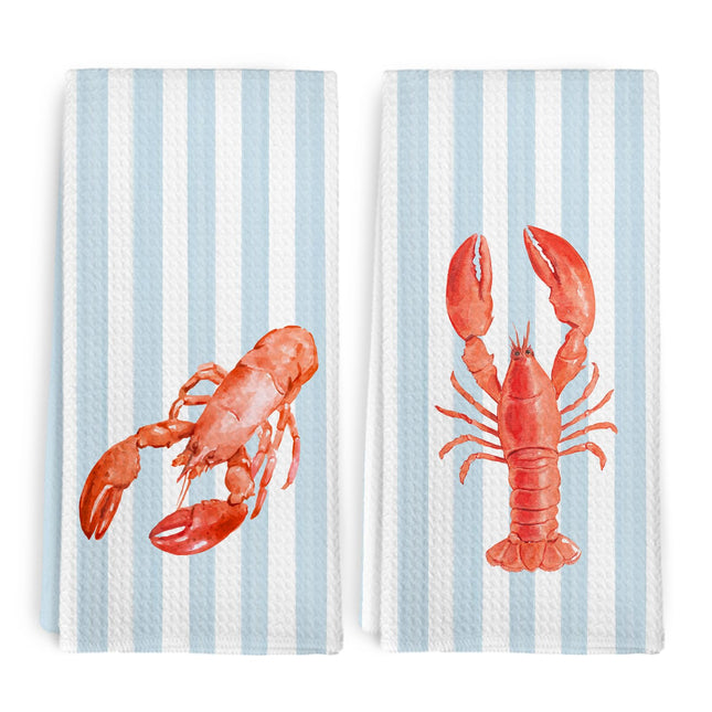 cvjutf Coastal Red Lobster Crawfish Kitchen Towels Set of 2, Beach Preppy Decor Dish Towel, East Coast Beachy Blue Striped Decor Hand Tea Towels for Bathroom Kitchen, Maine Lobster Gifts, 16x24 Inch