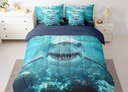 Erosebridal Shark Comforter Set Twin 3D Shark 7 Piece Bedding Set for Kids,Marine Ocean Animal Bedding Sets Shark Fish Reversible Room Decor Underwater Ocean World Quilt with Flat Fitted Sheet