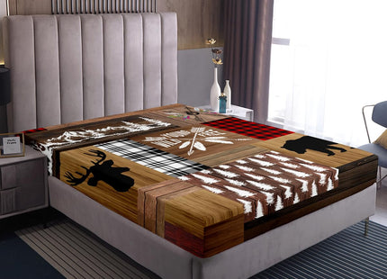 Retro Cabin Bed Sheet Rustic Adventure Bear Deer Fitted Sheet Hunting Wildlife Wild Animal Bedding Sets Plaid Lodge Farmhouse Fitted Bed Sheets Western Country Comforter + 1 Pillow Case, Twin Size