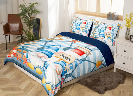 Ocean Nautical Bedding Set King Size Blue Sea Themed Xmas Gnome Duvet Cover for Boys Kids Girls Room Decor Cartoon Starfish Anchor Rudder Stripes Comforter Cover Rustic Farmhouse Quilt Cover 3pcs
