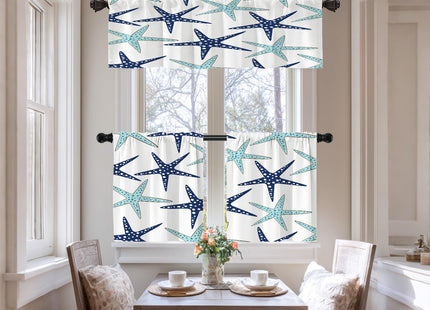 BaoNews Nautical Navy Blue Coastal Blackout Tier Curtains, Navy Blue Coastal Nautical Starfish Repeat Pattern Half Window Drapes for Kitchen with Rod Pocket,Room Darkening 2 Pack 26X24 Inches
