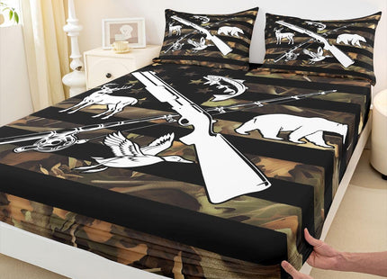 Hunting And Fishing Bedding Set Wildlife Fish Duck Deer Bear King Bed Sheets For Boys Men,Camo American Flag Sheet Set Rustic Trees Leaves Camouflage Fitted Sheet + Flat Sheet + 2 Pillow Cases