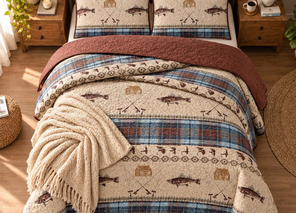 River Fly Fishing Rustic Cabin Lodge Quilt Bedspread Bedding Set with Fishing and Southwestern Plaid Tweed Patterns Blue Brown - River Lodge (King / Cal-King)