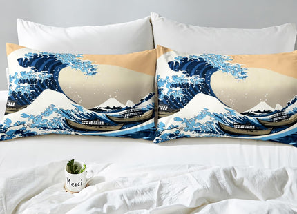 Erosebridal Japanese Style Fitted Sheet Twin for Boys Girls Ocean Wave Print Bedding Set Kids Women Ukiyo-e Theme Fitted Sheet Deep Pockets Soft Skin-Friendly Breathable Bed Sheet with 1 Pillowcase