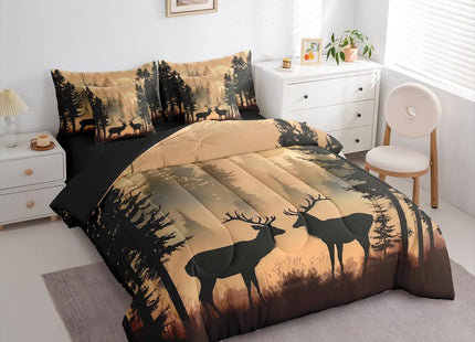 Erosebridal Wildlife Deer Queen Bedding Set 7 Piece Cabin Farmhouse Bed in A Bag with Sheets Rustic Country Comforter Set for Kids Adults,Sunset Pine Tree Bed Sets
