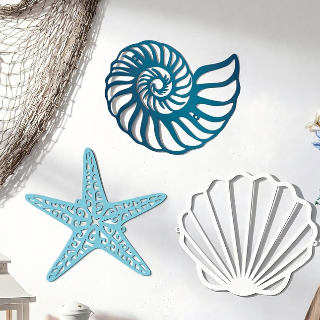 Pelopy 3 Pcs Coastal Metal Outdoor Wall Art Seashells Conches Starfish Wall Decor Ocean Nautical Theme Sign for Summer Beach Pool Yard Garden Lake House Home Bathroom Bedroom Decoration