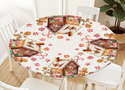Christmas Round Fitted Tablecloth with Elastic for 36-40" Table Gingerbread
