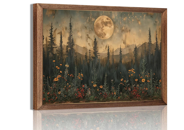 Vintage Moon Forest Wall Art, Dark Moonlight Pine Tree Flower Wall Decor, Rustic Mood Boho Canvas Paintings, for Bedroom Living Room Office Home Decor 24x16 in Wood Framed