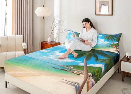 Erosebridal Ocean Beach Fitted Sheet Twin Size Palm Trees Bed Sheet Set Coastal Nature Theme Bed Cover for Kids Boys Girls Teens, Hawaiian Bedding Set, Blue White Room Dorm Decorative